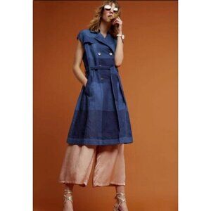 Eva Franco Anthropologie Size Small Checkered Trench Dress Linen Blend Blue